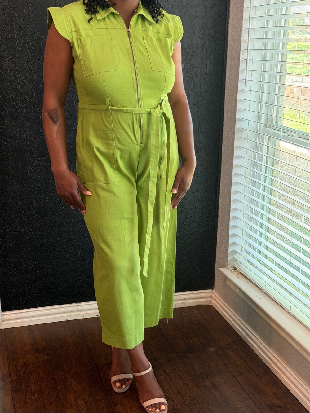 New York & Company Bright Lime Sleeveless Utility Jumpsuit